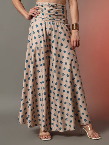 Beige Floral Print Palazzo Pants for Women