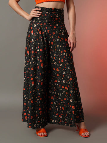 Black Floral Print Palazzo Pants for Women