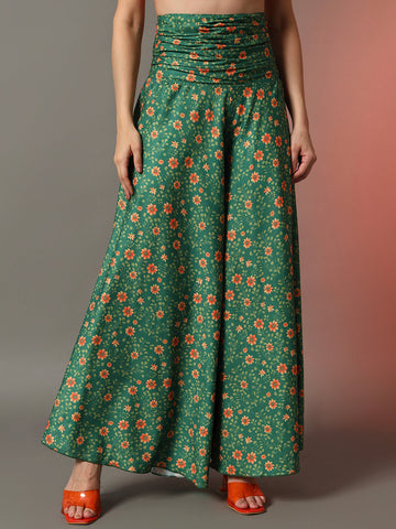 Green Floral Print Palazzo Pants for Women | Flowing Wide-Leg Trousers
