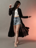Black Long Dobby Shrug with Sheer Panels and Open Front