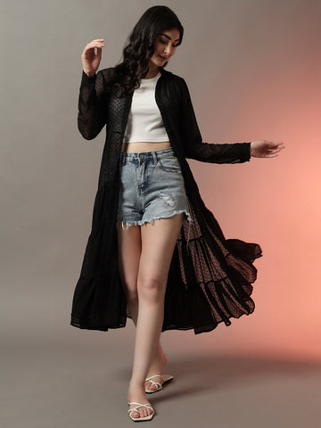 Black Long Dobby Shrug with Sheer Panels and Open Front