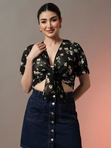 Black Floral Waterfall Shrug with Flowy Front Draping