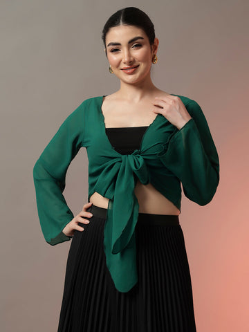 Green Front Tie-Up Shrug with Lightweight Fabric