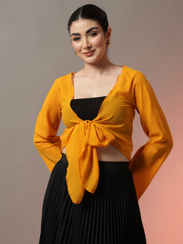 Mustard Front Tie-Up Shrug | Lightweight & Stylish Layering Piece