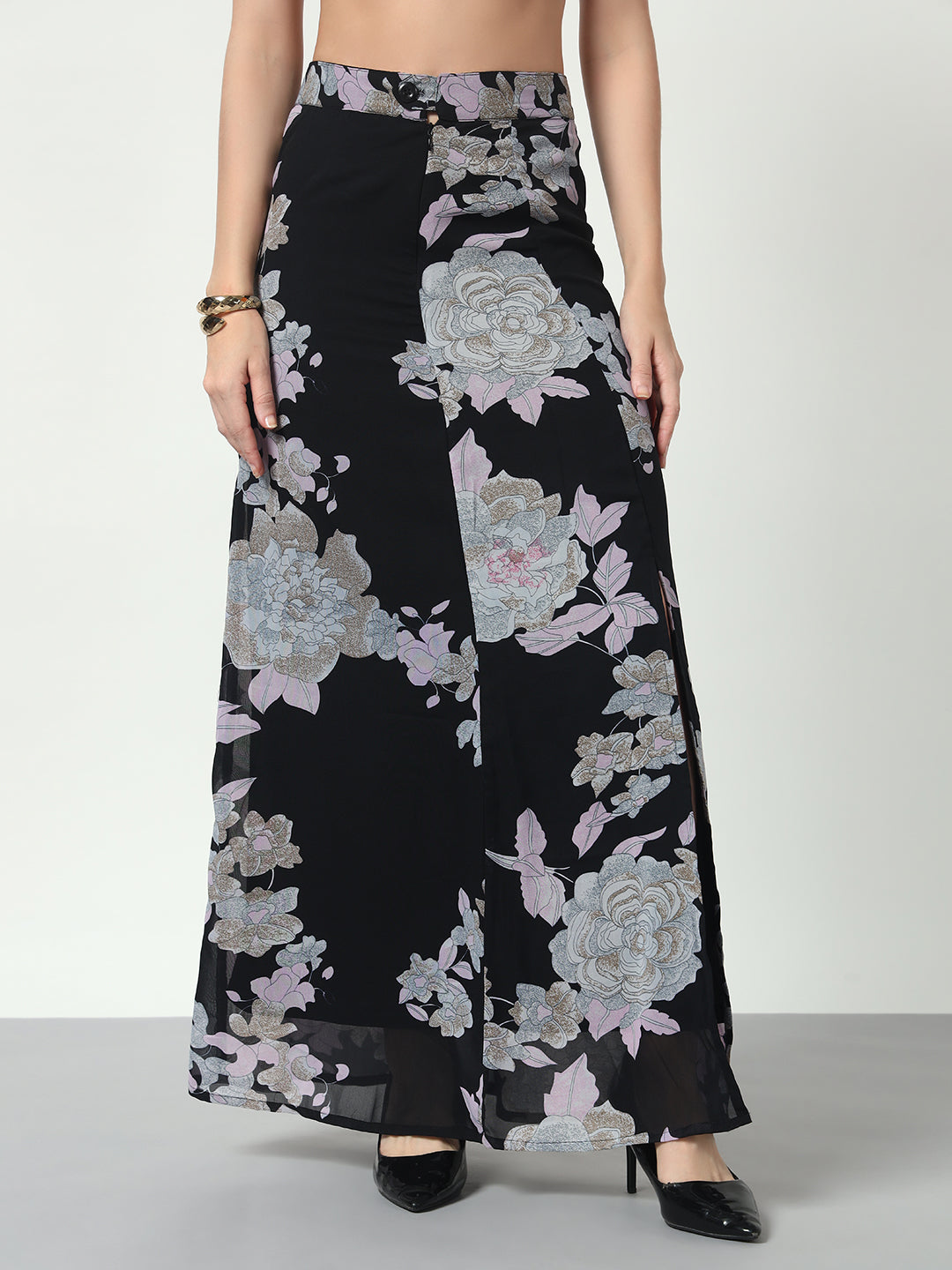 Floral Side Slit Skirt - Black