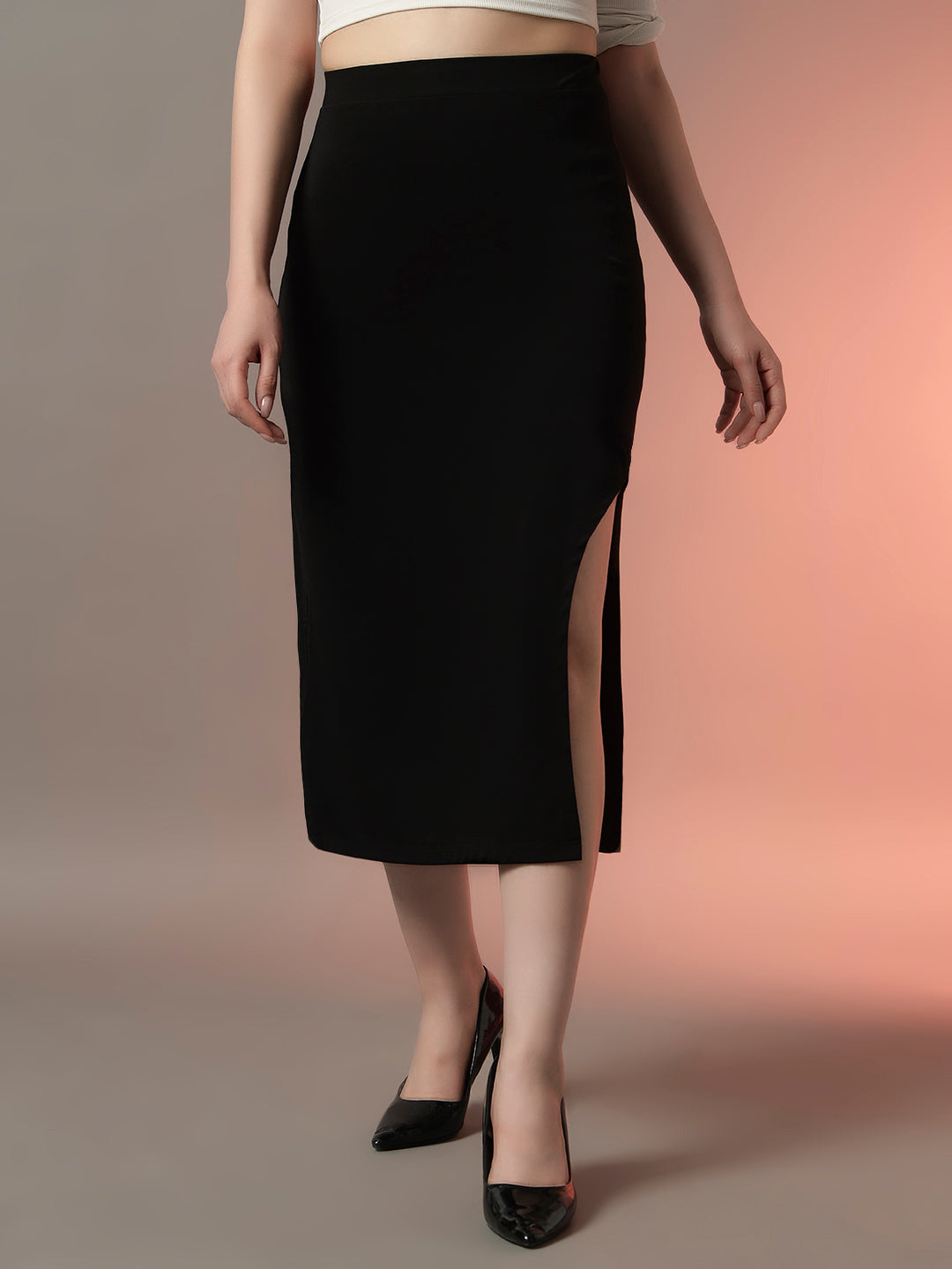 Black High Waist Midi Slit Skirt for Women