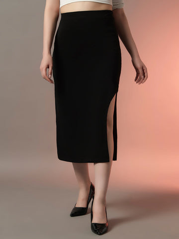 Black High Waist Midi Slit Skirt for Women