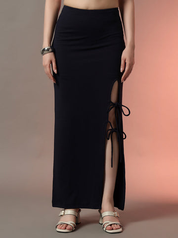 Navy Slit Tie-Up Midi Skirt with Front Slit