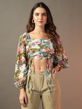 White Ruched Printed Top