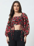 Ruched Printed Top - Red