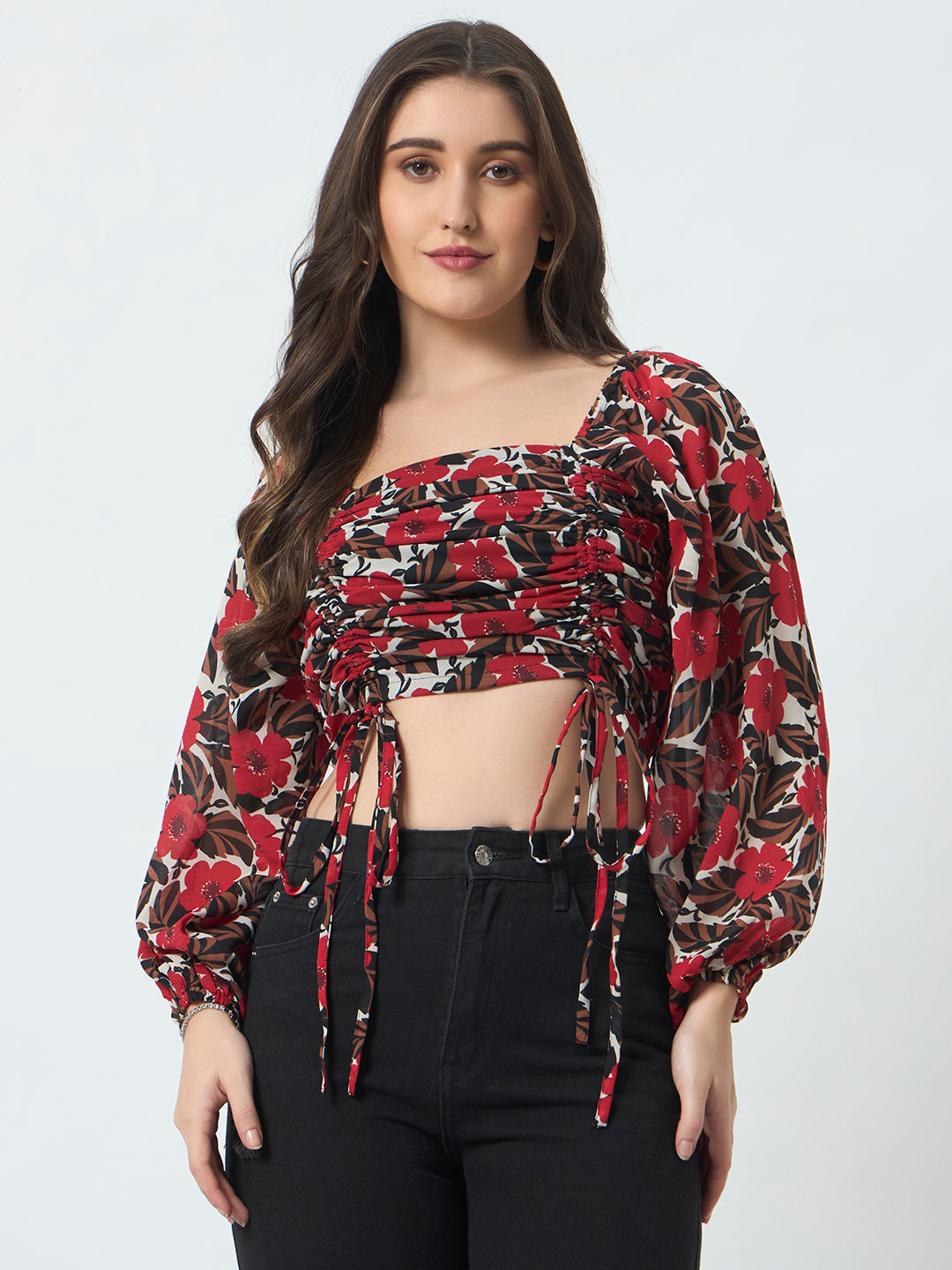 Ruched Printed Top - Red