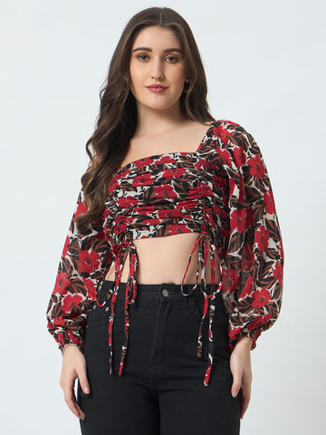 Ruched Printed Top - Red