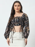 Ruched Printed Top - Black
