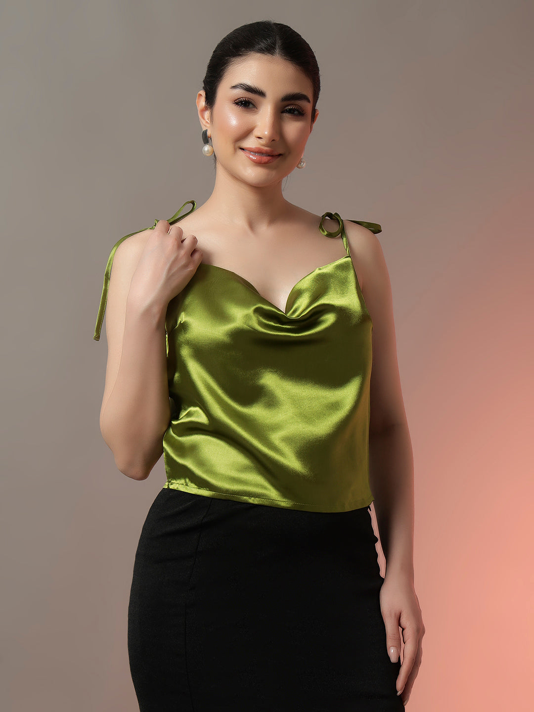 Green Cowl Neck Draped Top with Spaghetti Straps