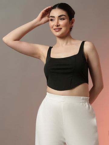 Bottle Green Corset Style Fitted Top with Adjustable Straps