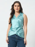 Shirt Style Wrap Around Top - Aqua