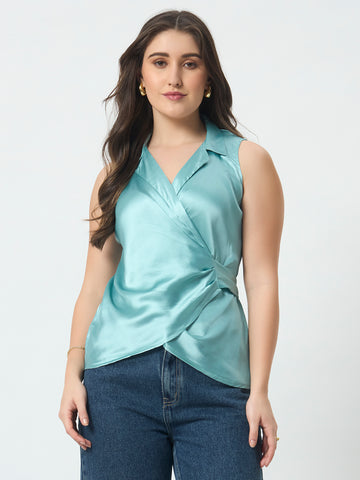Shirt Style Wrap Around Top - Aqua