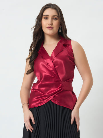 Shirt Style Wrap Around Top - Red