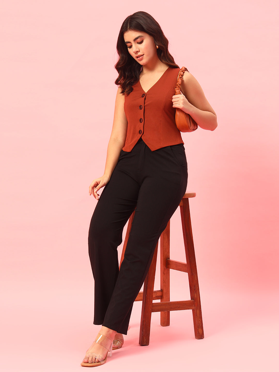 V-Neck Woven Waistcoat - Rust