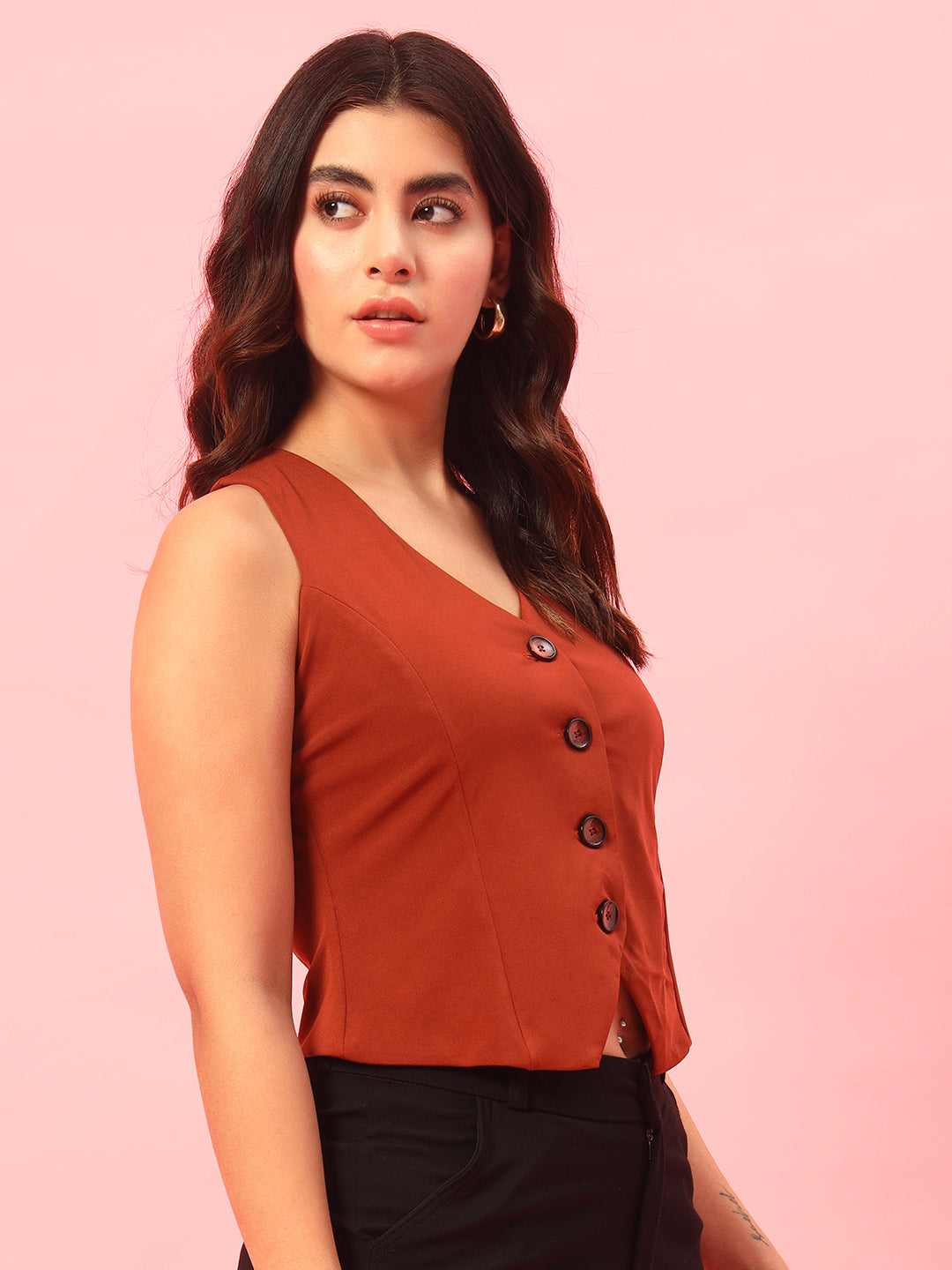 V-Neck Woven Waistcoat - Rust