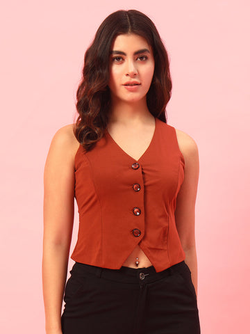 V-Neck Woven Waistcoat - Rust