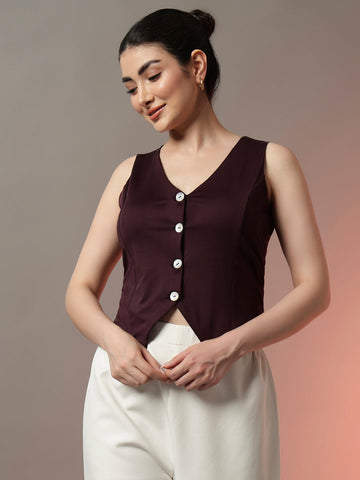 Wine V-Neck Woven Waistcoat with Button Closure