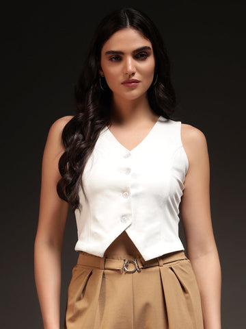 Trend Arrest Women Off-White V-Neck Waistcoat