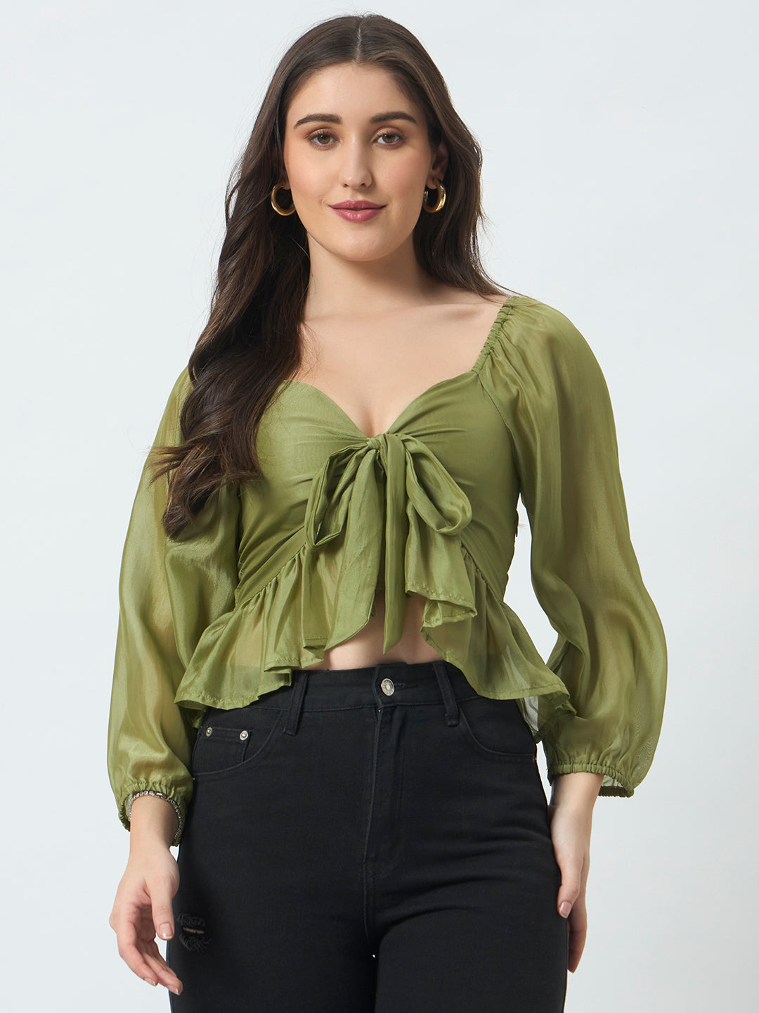 Solid Peplum Crop Top - Green
