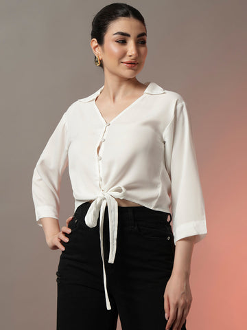 Tie-Up Detail Shirt-Style Top with Button Front
