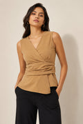 Camel Wrap-Front Belted Sleeveless Top