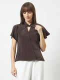 Trend Arrest Shirt Style Overlap Top - Brown