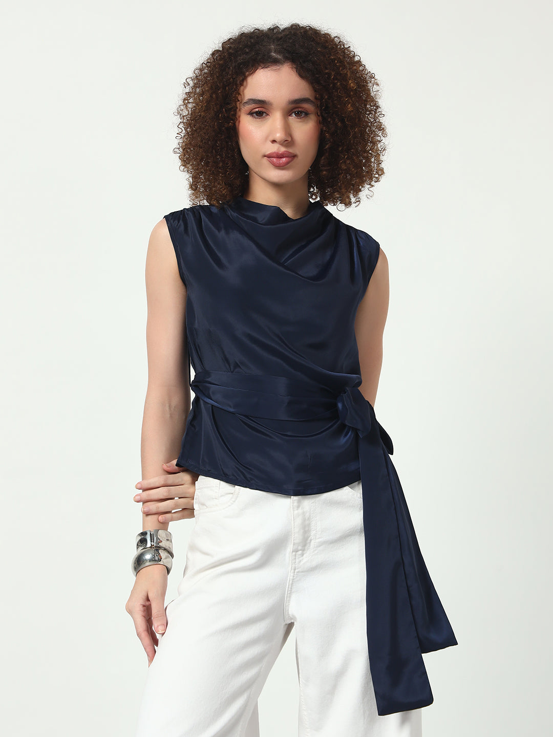 Cowl Neck Top w/Belt - Navy