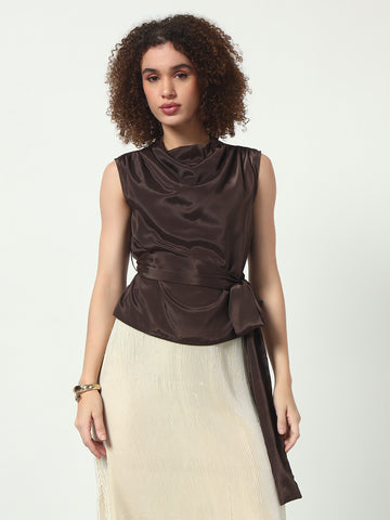 Cowl Neck Top w/Belt - Brown