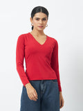 Trend Arrest V Neck Long Sleeve Top - Red