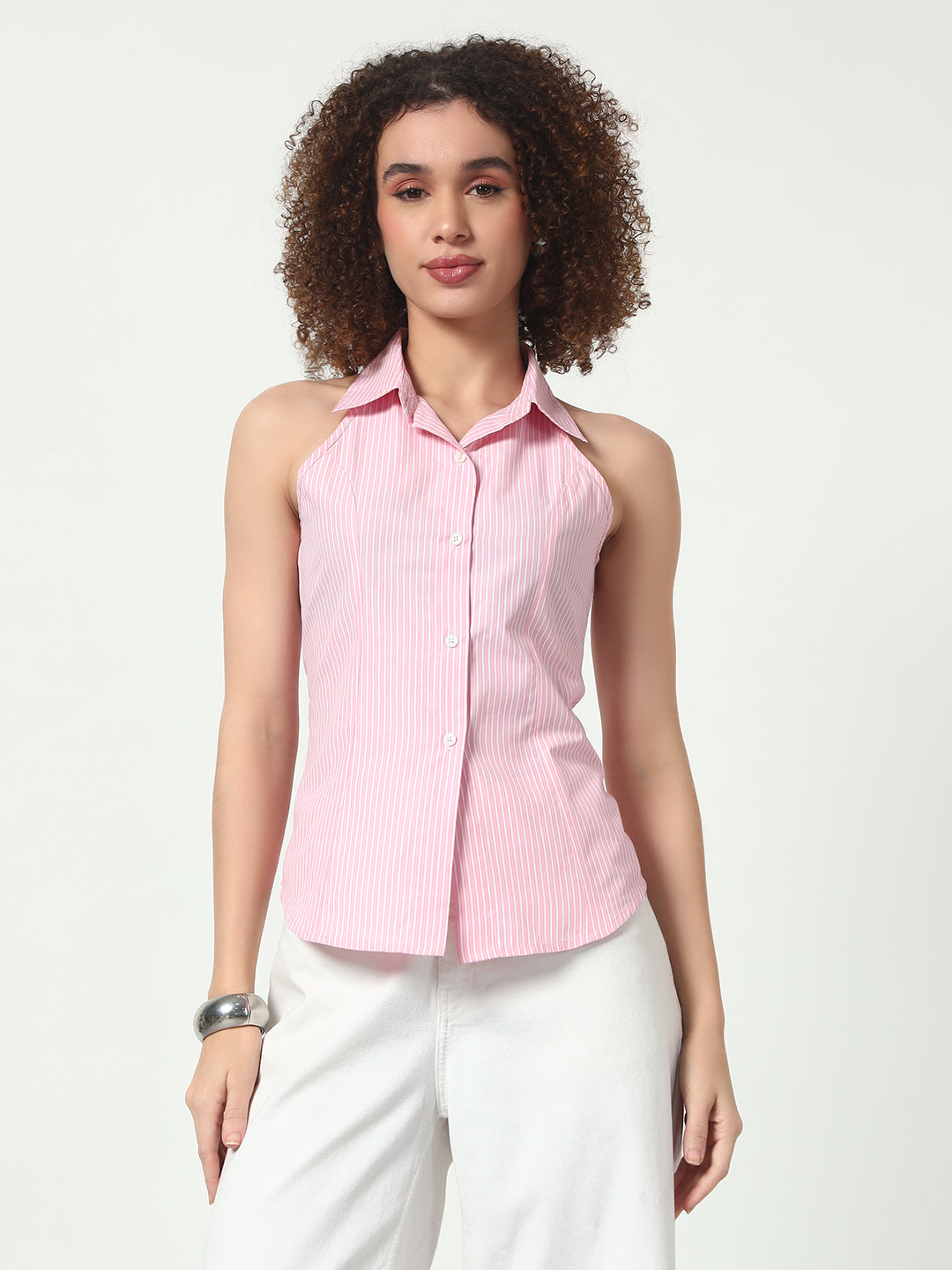Lace-Up Back Halter Top - Pink