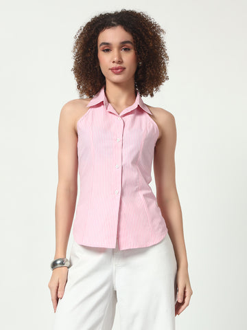 Lace-Up Back Halter Top - Pink