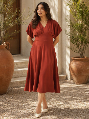 Empire V-Neck Dress - Rust