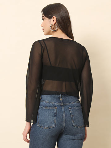 Front Tie-Up Crop Shrug - Black