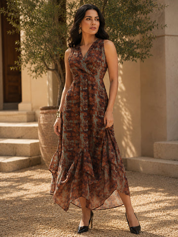 Printed Maxi Dress with Flared Hem and V-Neckline - Brown