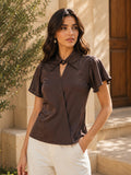 Shirt Style Overlap Top - Brown