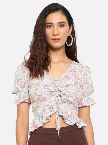 White Floral Print Ruching Top