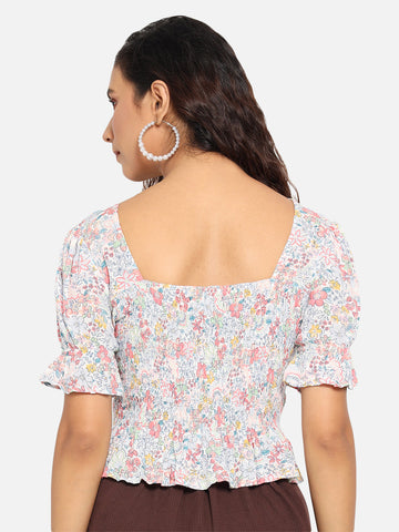 White Floral Print Ruching Top