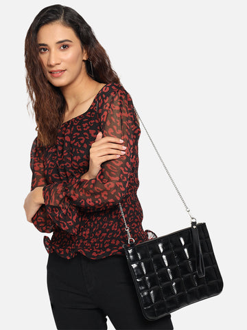 Black Animal Print Smocking Top