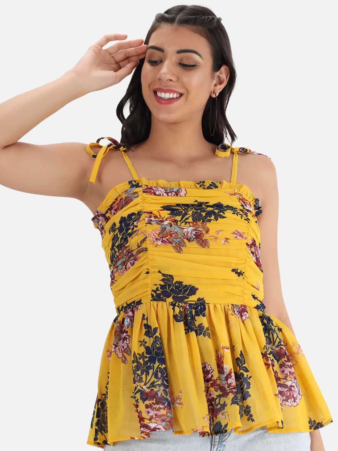 Floral Ruching Yellow Top