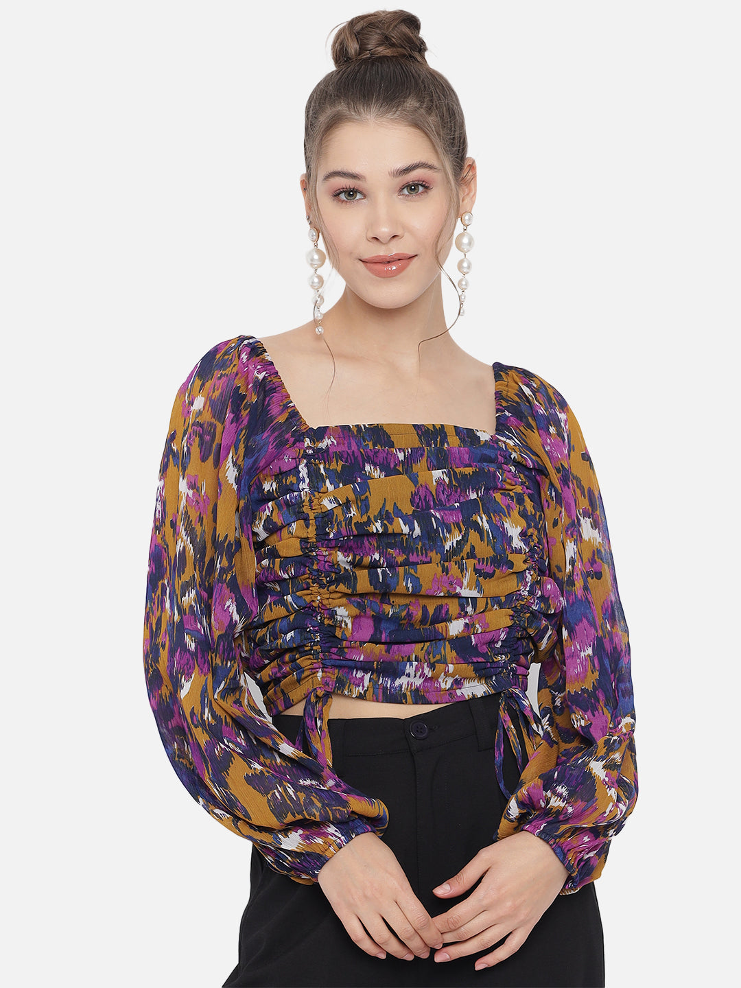 Abstract Print Ruching Top