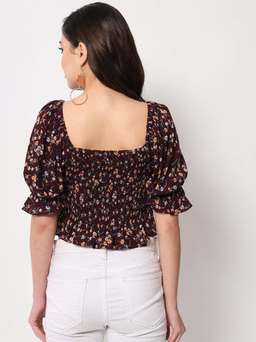 Wine Floral Print Smocking Top