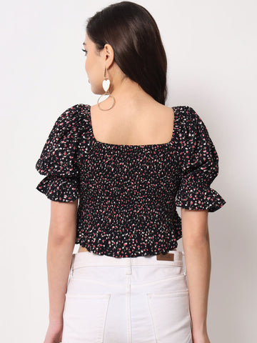 Black Floral Print Smocking Top