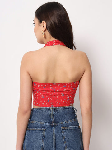 Red Printed Front Knot Top