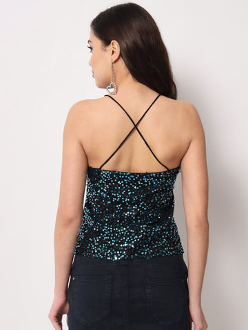 Blue Sequin Deep Neck Top