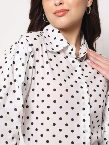 White Polka Dot Balloon Sleeve Shirt